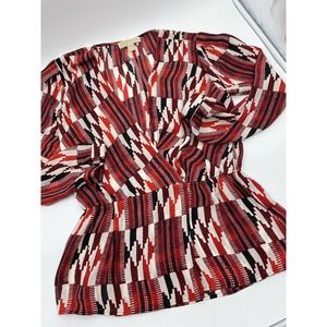 Michael‎ Kors Red White Blouse Gathered Waist Size Medium